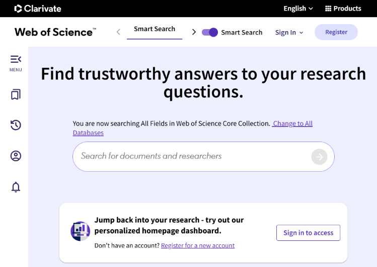 Screenshot of the Web of Science Core Collection Smart Search tool
